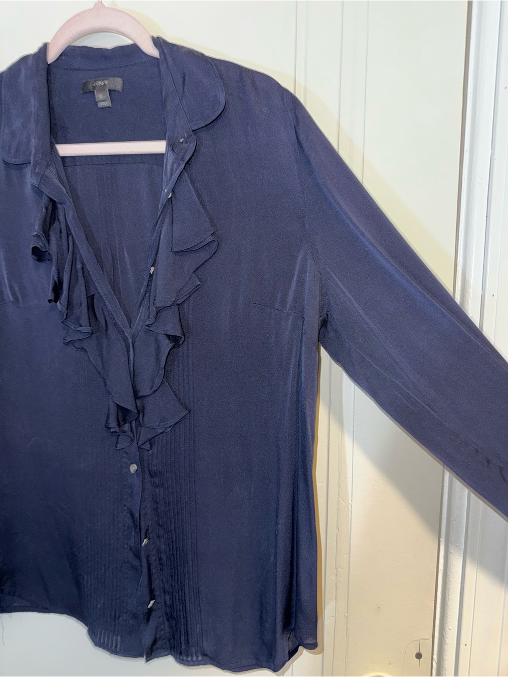 J. Crew Silk Dark Navy Ruffle Front Blouse Size 12